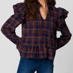 Blank NYC Tops Womens XS Plaid On The Streets Keyhole Ruffle Long Sleeves Blouse